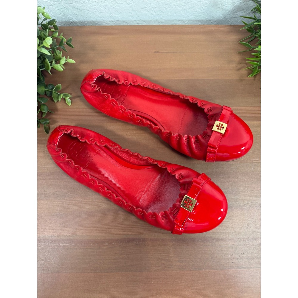 Tory Burch Womens Eddie Scalloped Red Patent Leather Bow Ballet Flats Size 7